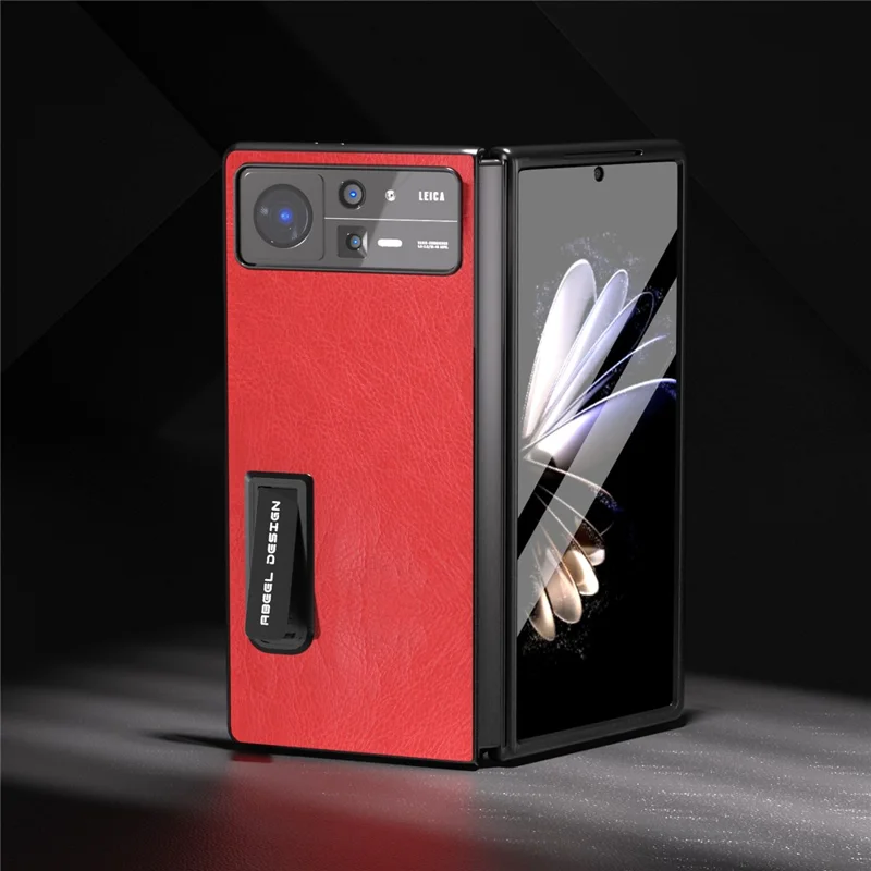 ABEEL для Xiaomi Mix Fold 2 5G Ретро-чехол из текстурной кожи+ПК с подставкой Всеобъемлющий ударопрочный чехол для телефона с защитной пленкой для экрана - Красный 