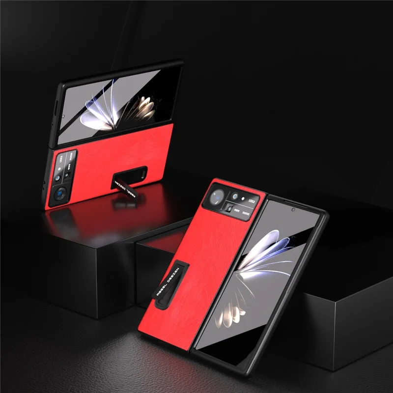 ABEEL для Xiaomi Mix Fold 2 5G Ретро-чехол из текстурной кожи+ПК с подставкой Всеобъемлющий ударопрочный чехол для телефона с защитной пленкой для экрана - Красный 