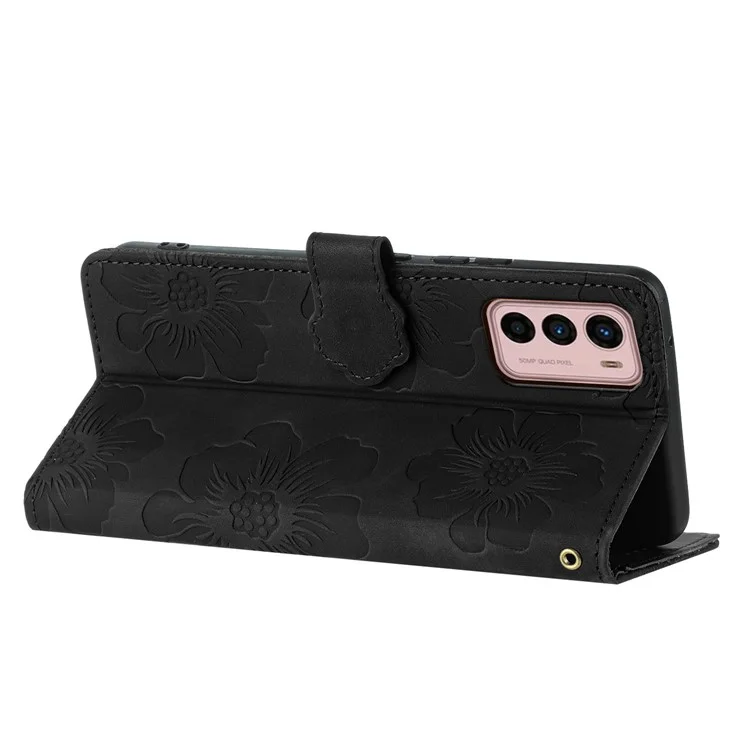 Para Motorola Moto G42 4G Flores Impresso Estojo de Suporte de Carteira Couro Anti-queda Capa de Telefone - Preto