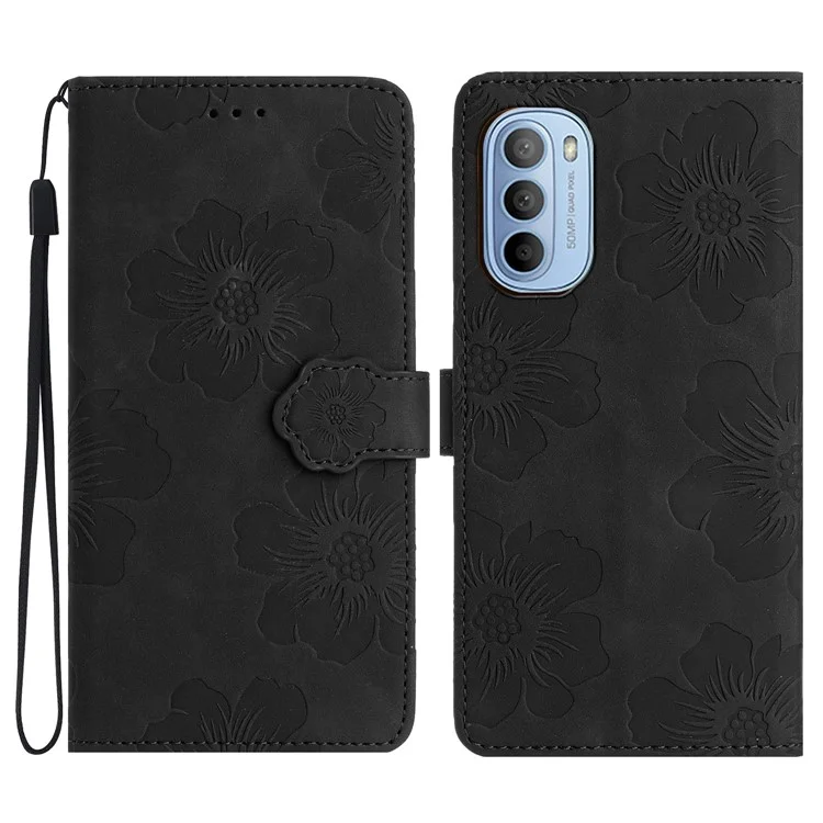 Per Motorola Moto G52 4G / G82 5G Flip Stand Wallet Phone Case Flowers Imprint Leather Shell - Nero
