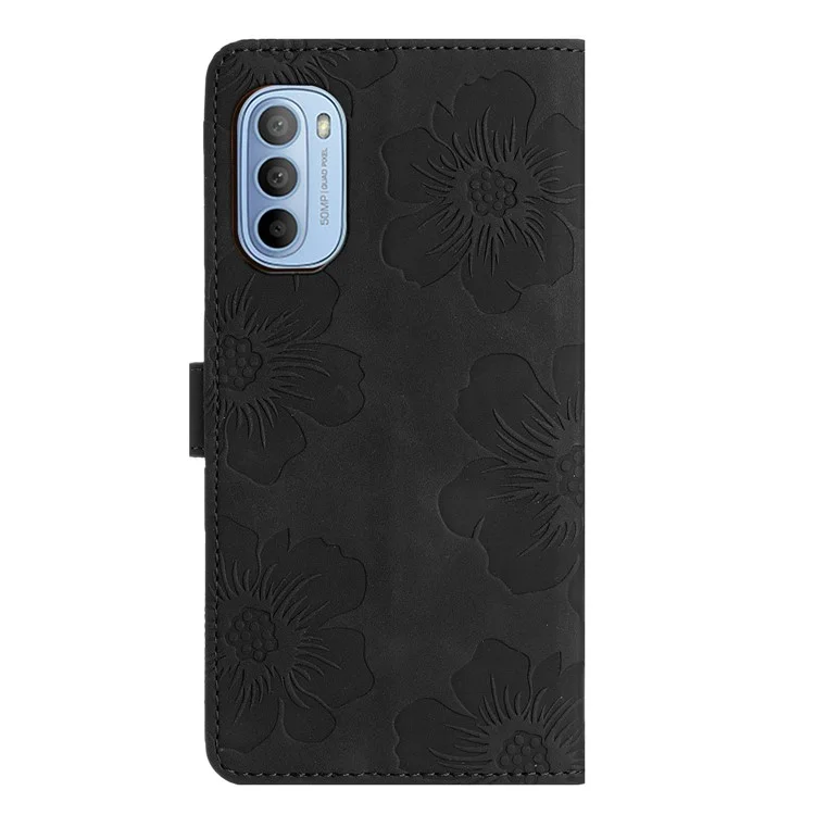 Per Motorola Moto G52 4G / G82 5G Flip Stand Wallet Phone Case Flowers Imprint Leather Shell - Nero