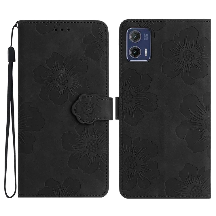 Для Motorola Moto G73 5G Stand PU Leather Case Flowers Imprinted Protective Wallet Phone Cover - Black