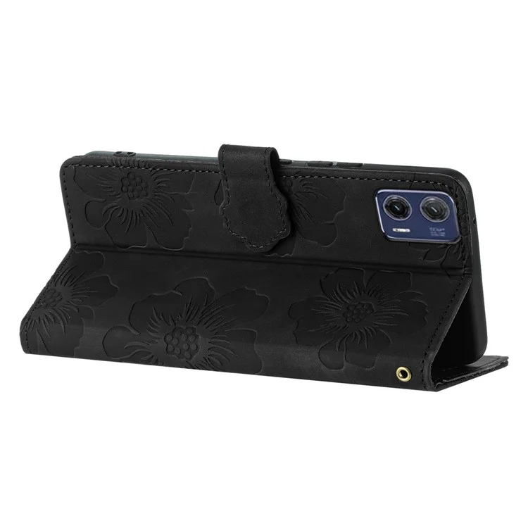 Для Motorola Moto G73 5G Stand PU Leather Case Flowers Imprinted Protective Wallet Phone Cover - Black