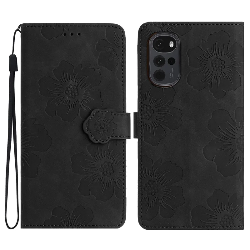 Flowers Imprinted Leather Phone Cover for Motorola Moto G22 , Wallet Cell Phone Stand Case - Black
