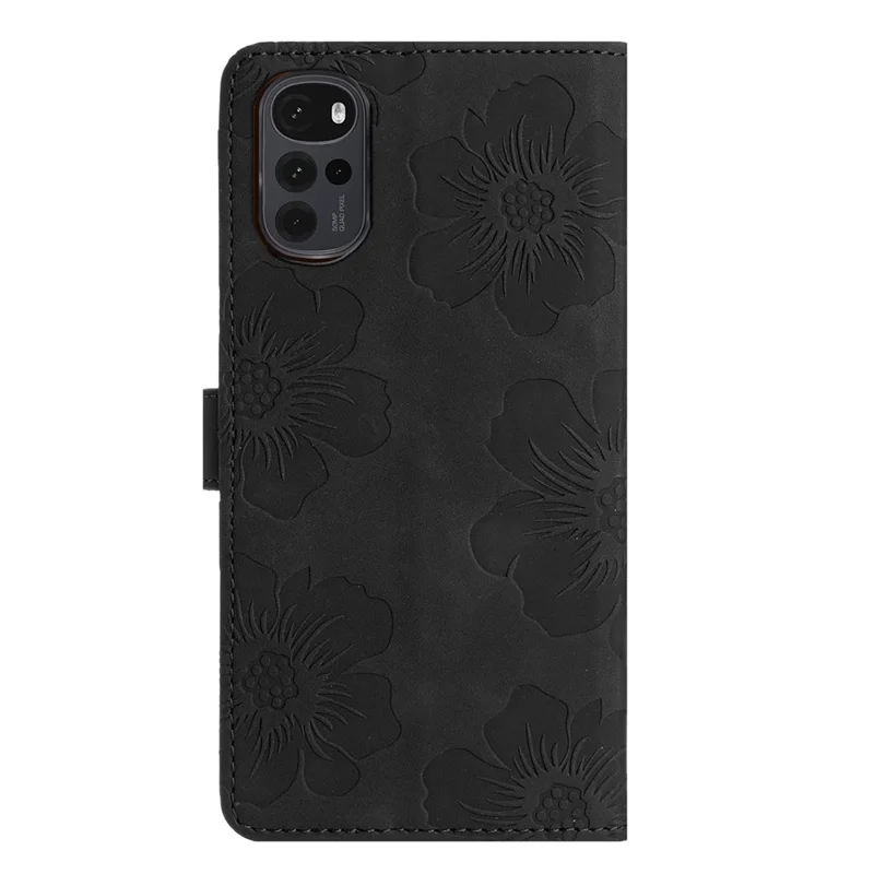 Flowers Imprinted Leather Phone Cover for Motorola Moto G22 , Wallet Cell Phone Stand Case - Black