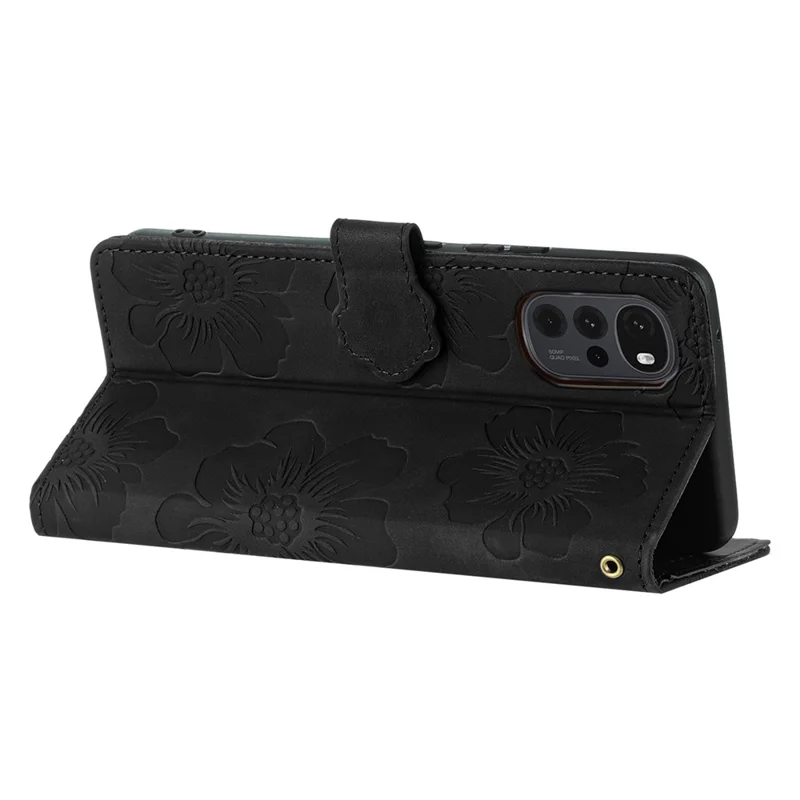 Flowers Imprinted Leather Phone Cover for Motorola Moto G22 , Wallet Cell Phone Stand Case - Black