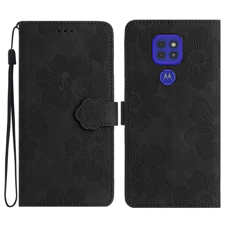 Wallet Case for Motorola Moto G9 (India) / G9 Play / E7 Plus PU Leather Stand Flowers Imprinted Phone Cover - Black