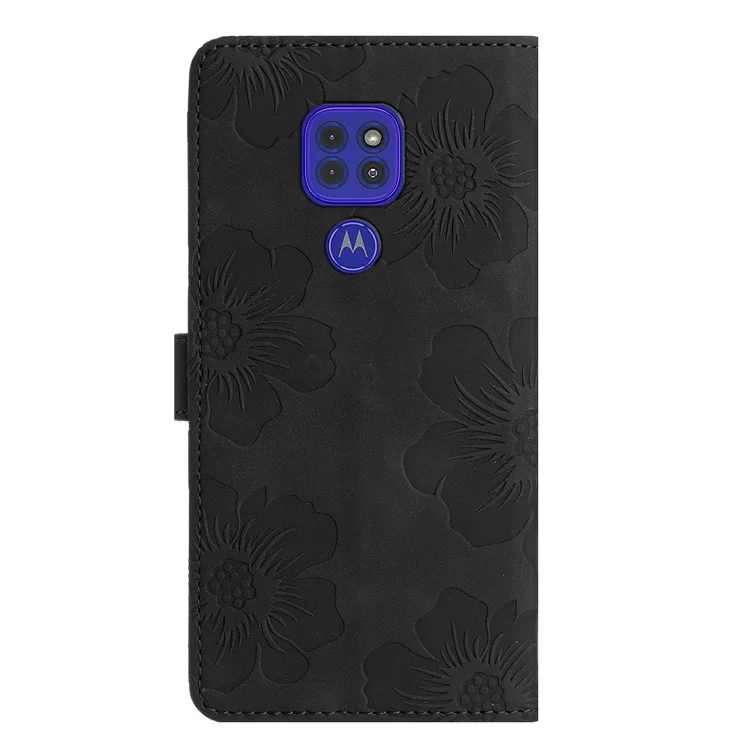 Wallet Case for Motorola Moto G9 (India) / G9 Play / E7 Plus PU Leather Stand Flowers Imprinted Phone Cover - Black