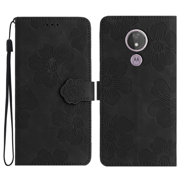 For Motorola Moto G7 Power (EU Version) PU Leather Phone Cover Flowers Imprinted Case with Stand Wallet - Black