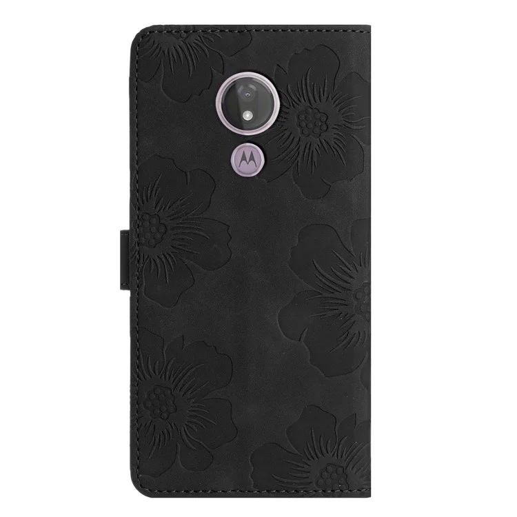 For Motorola Moto G7 Power (EU Version) PU Leather Phone Cover Flowers Imprinted Case with Stand Wallet - Black