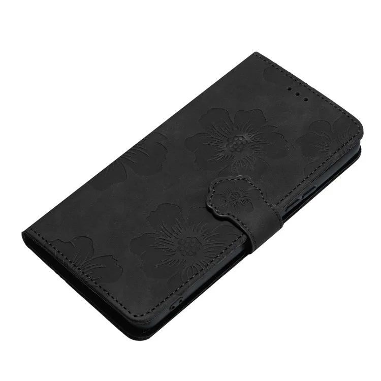 For Motorola Moto G7 Power (EU Version) PU Leather Phone Cover Flowers Imprinted Case with Stand Wallet - Black