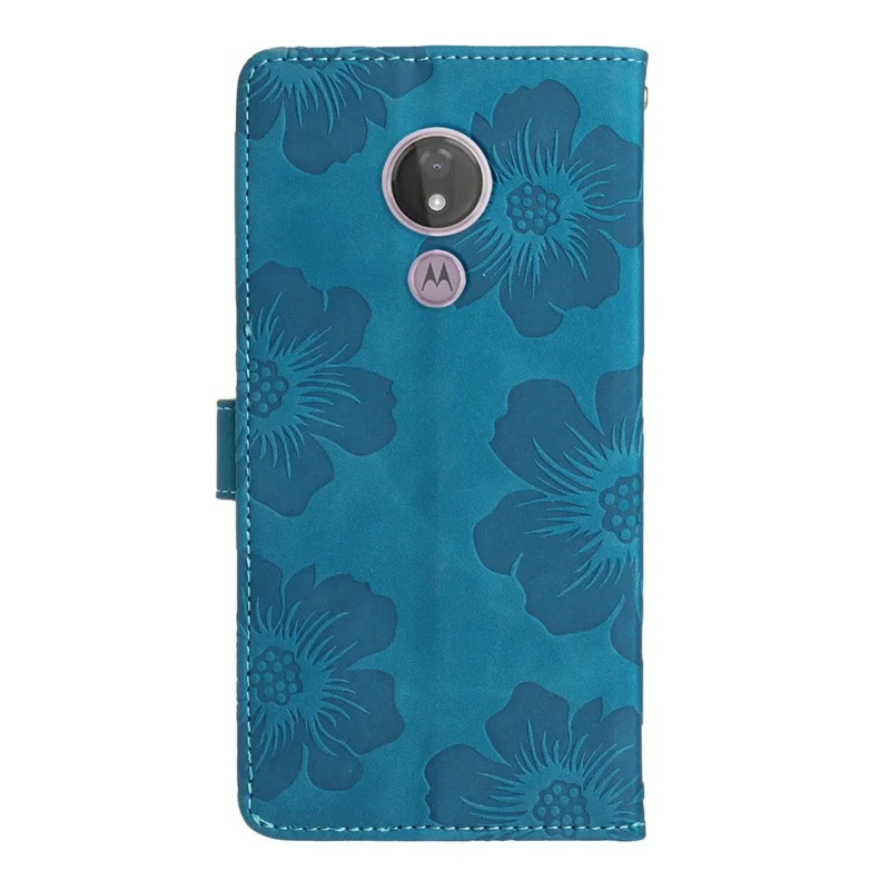 For Motorola Moto G7 Power (EU Version) PU Leather Phone Cover Flowers Imprinted Case with Stand Wallet - Blue