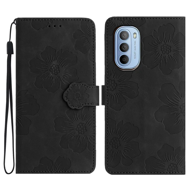 Étui en cuir à motifs de fleurs pour Motorola Moto G62 5G, portefeuille avec support anti-chute - Noir