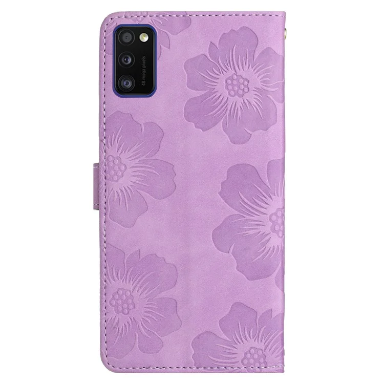 Anti-drop Cover for Samsung Galaxy A41 (Global Version) Flores Impresas Soporte de Cartera Funda Telefónica de Cuero - Púrpura