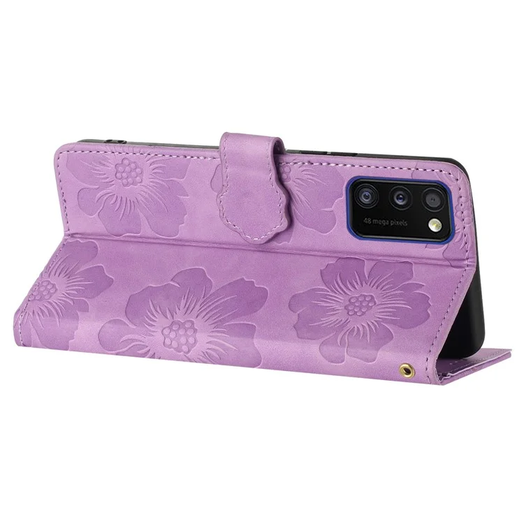 Anti-drop Cover for Samsung Galaxy A41 (Global Version) Flores Impresas Soporte de Cartera Funda Telefónica de Cuero - Púrpura