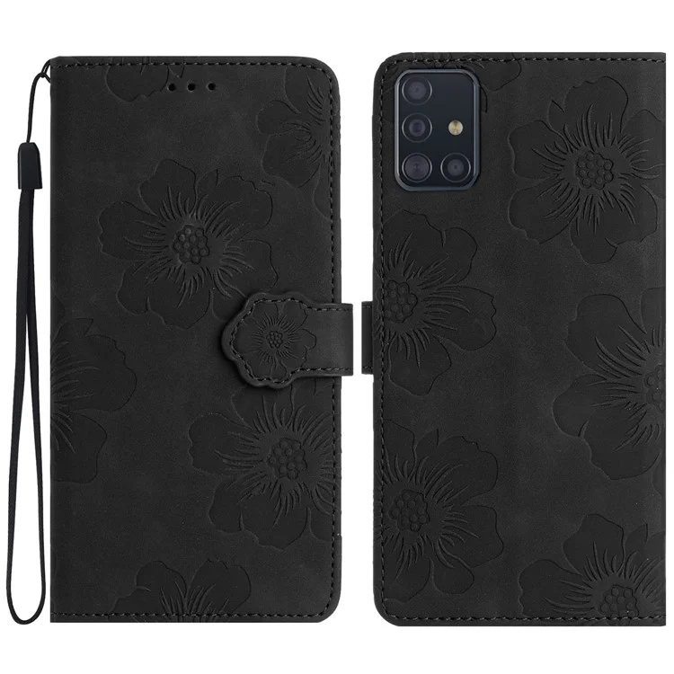 For Samsung Galaxy A71 4G SM-A715 Flowers Imprinted Phone Cover Leather Case with Stand Wallet - Black