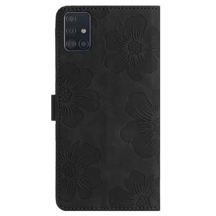 For Samsung Galaxy A71 4G SM-A715 Flowers Imprinted Phone Cover Leather Case with Stand Wallet - Black