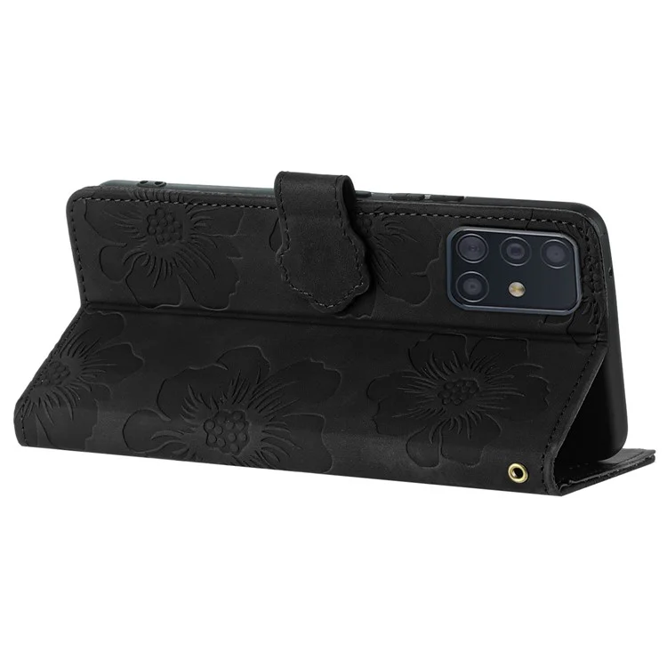 For Samsung Galaxy A71 4G SM-A715 Flowers Imprinted Phone Cover Leather Case with Stand Wallet - Black