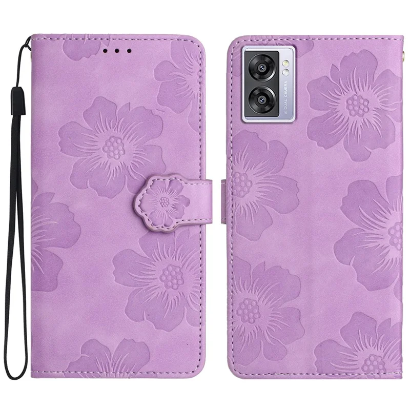 Para Oppo A57 (2022) 5G / A77 5G / A57 4G Stand Flores Estampadas Capa de Carteira de Couro PU - Roxo