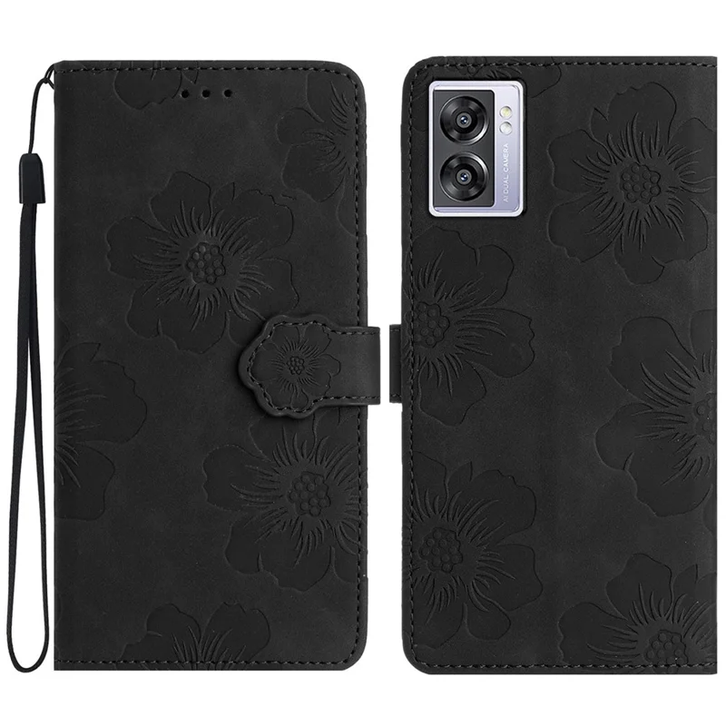 For Oppo A57 (2022) 5G / A77 5G / A57 4G Stand Flowers Imprinted PU Leather Wallet Case Cell Phone Cover - Black