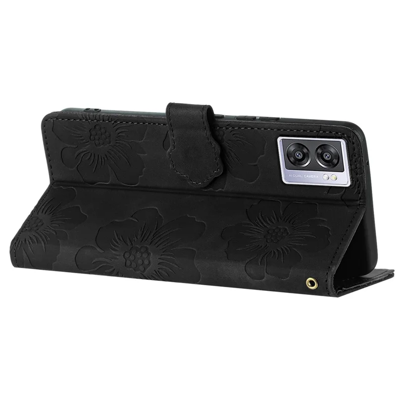 For Oppo A57 (2022) 5G / A77 5G / A57 4G Stand Flowers Imprinted PU Leather Wallet Case Cell Phone Cover - Black