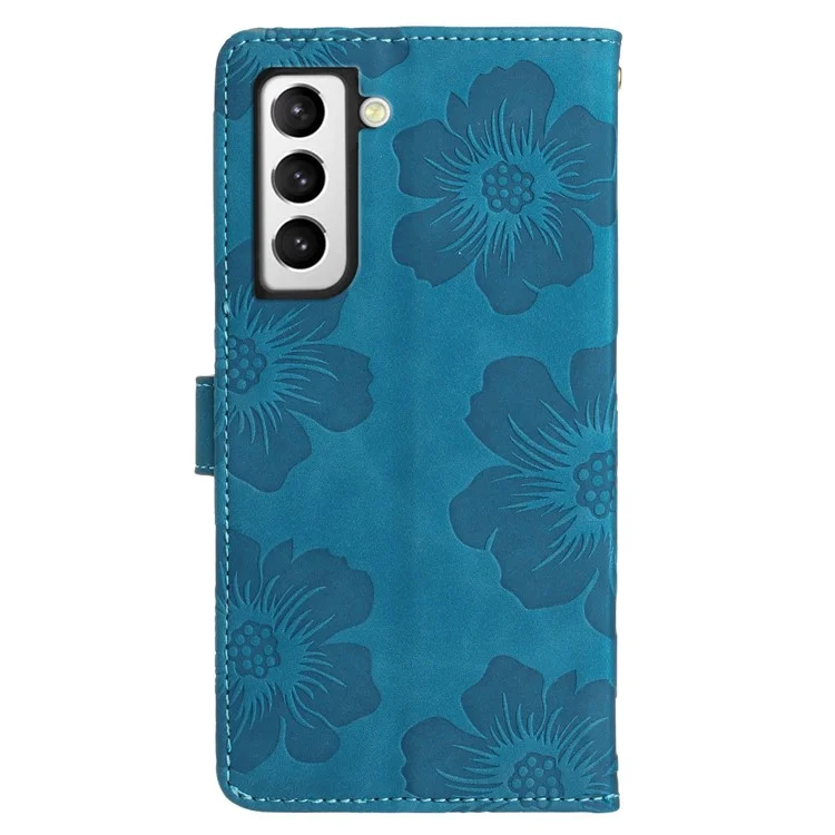 PU Leather Case for Samsung Galaxy S21 5G / 4G , Stand Flowers Imprinted Phone Cover Shell Wallet - Blue