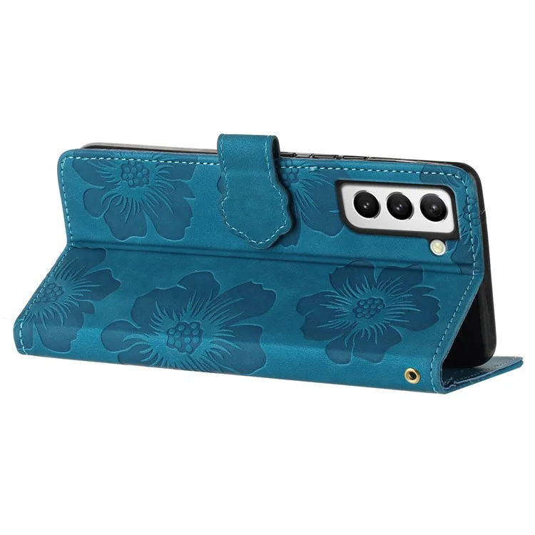 PU Leather Case for Samsung Galaxy S21 5G / 4G , Stand Flowers Imprinted Phone Cover Shell Wallet - Blue