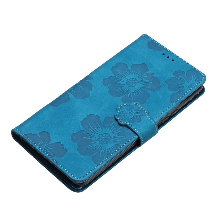 PU Leather Case for Samsung Galaxy S21 5G / 4G , Stand Flowers Imprinted Phone Cover Shell Wallet - Blue