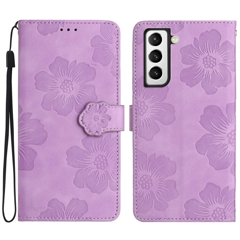 PU Leather Case for Samsung Galaxy S21 5G / 4G , Stand Flowers Imprinted Phone Cover Shell Wallet - Purple