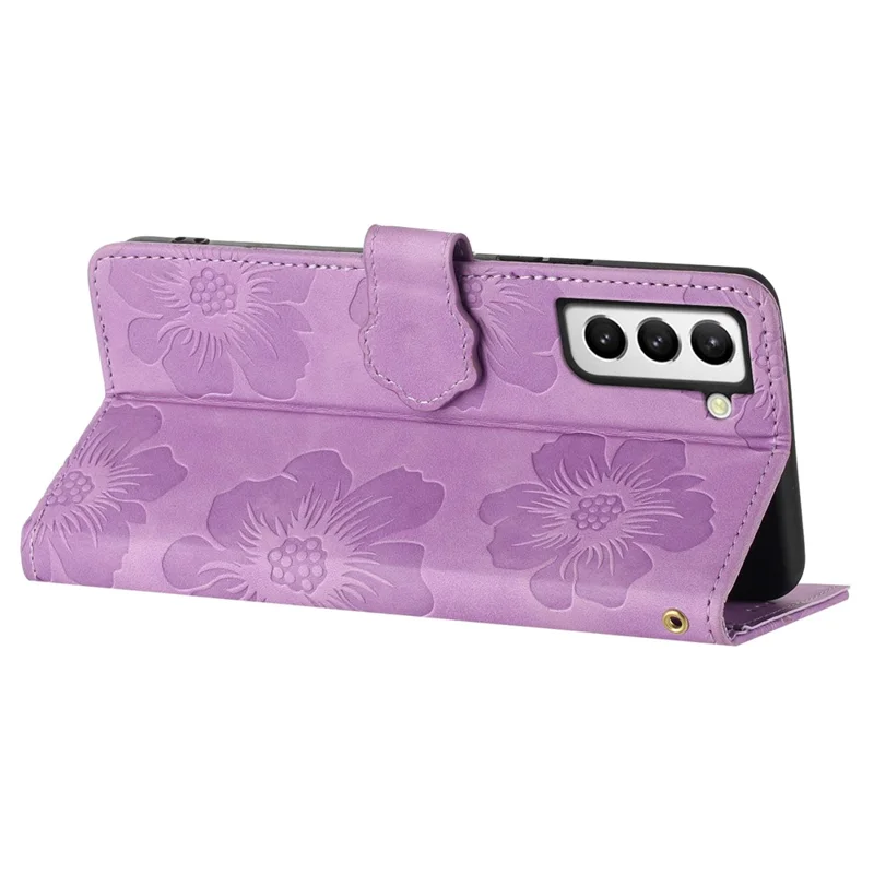 PU Leather Case for Samsung Galaxy S21 5G / 4G , Stand Flowers Imprinted Phone Cover Shell Wallet - Purple