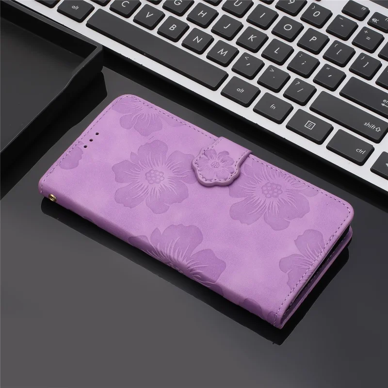 PU Leather Case for Samsung Galaxy S21 5G / 4G , Stand Flowers Imprinted Phone Cover Shell Wallet - Purple