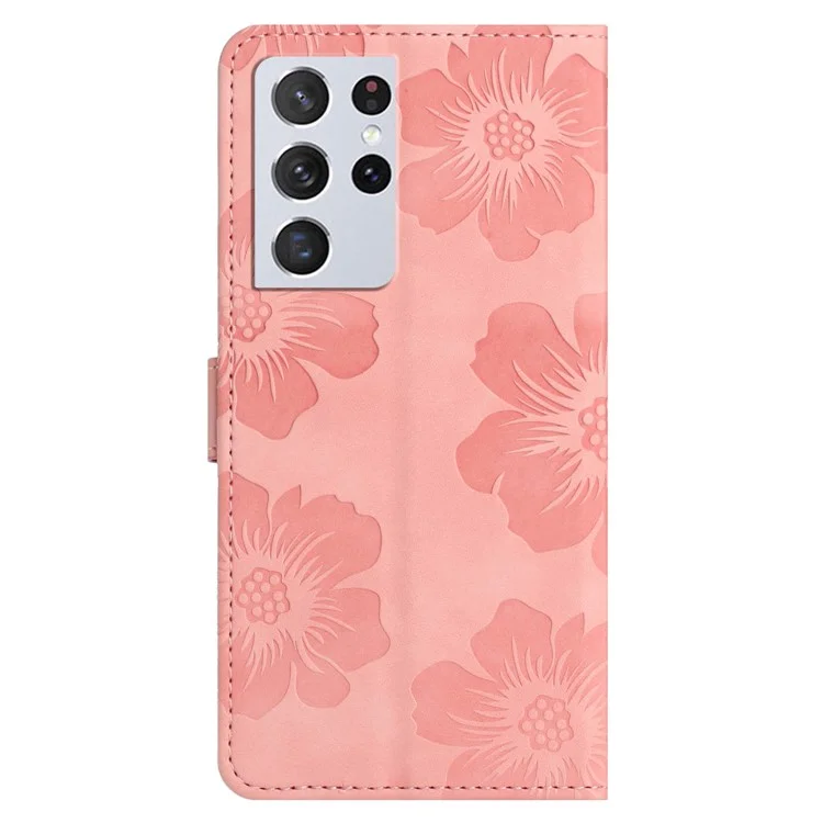 Cell Phone Cover Shell for Samsung Galaxy S21 Ultra 5G , Stand Flowers Imprinted PU Leather Wallet Case - Pink