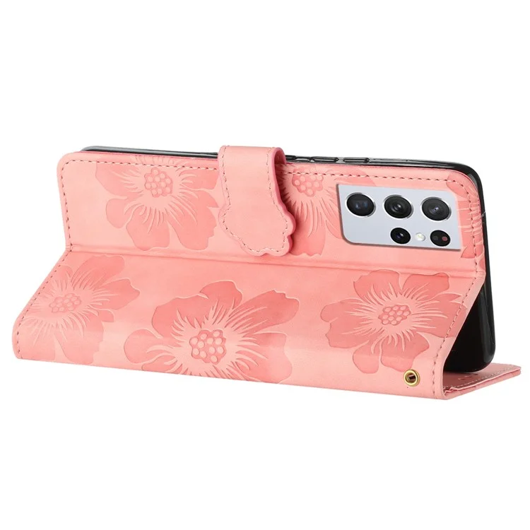 Cell Phone Cover Shell for Samsung Galaxy S21 Ultra 5G , Stand Flowers Imprinted PU Leather Wallet Case - Pink