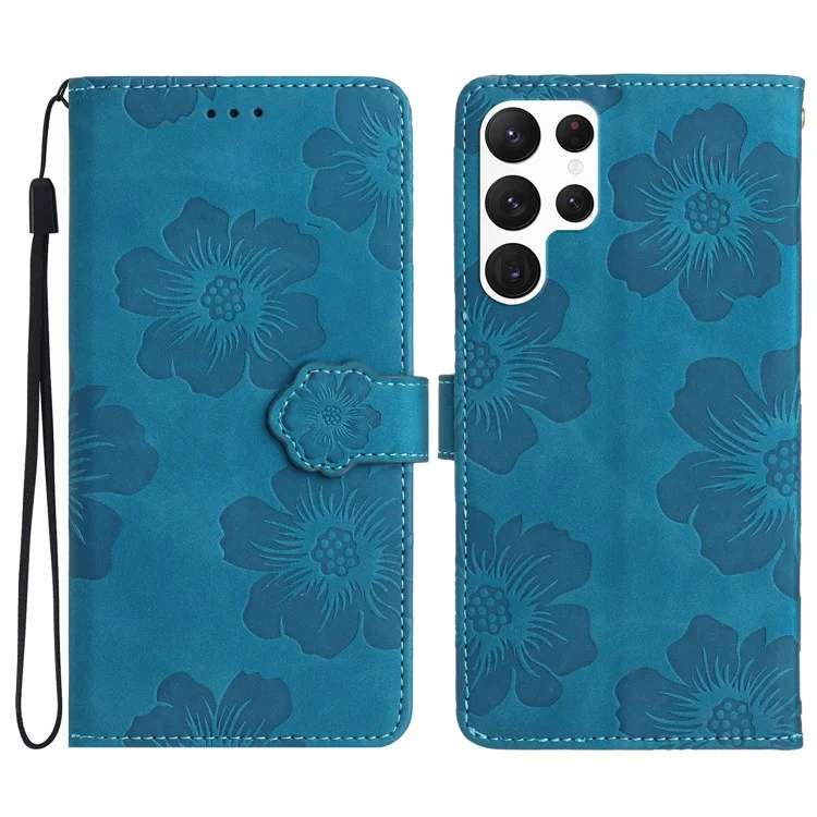 Para el Samsung Galaxy S22 Ultra 5G Smartphone Case Stand Flowers Imprinted PU Leather Wallet Phone Cover - Azul