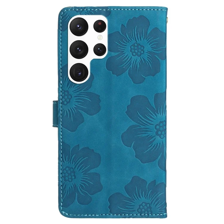 Para el Samsung Galaxy S22 Ultra 5G Smartphone Case Stand Flowers Imprinted PU Leather Wallet Phone Cover - Azul
