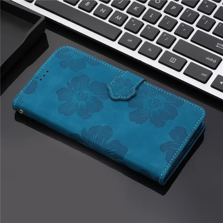 Para el Samsung Galaxy S22 Ultra 5G Smartphone Case Stand Flowers Imprinted PU Leather Wallet Phone Cover - Azul