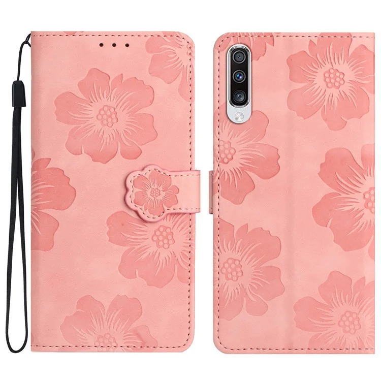 For Samsung Galaxy A50 / A50s / A30s Flowers Imprinted Leather Phone Cover Wallet Stand Case with Strap - Pink