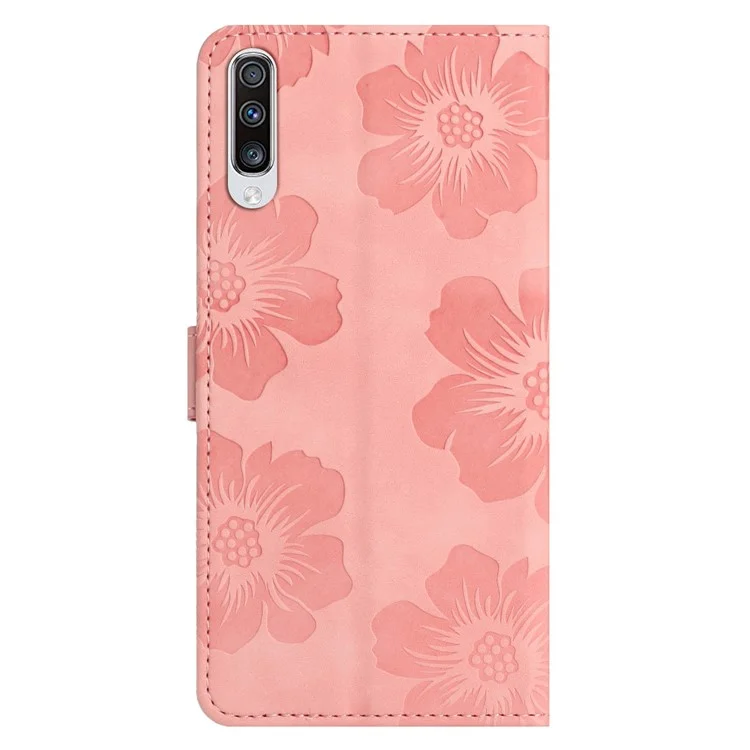 For Samsung Galaxy A50 / A50s / A30s Flowers Imprinted Leather Phone Cover Wallet Stand Case with Strap - Pink