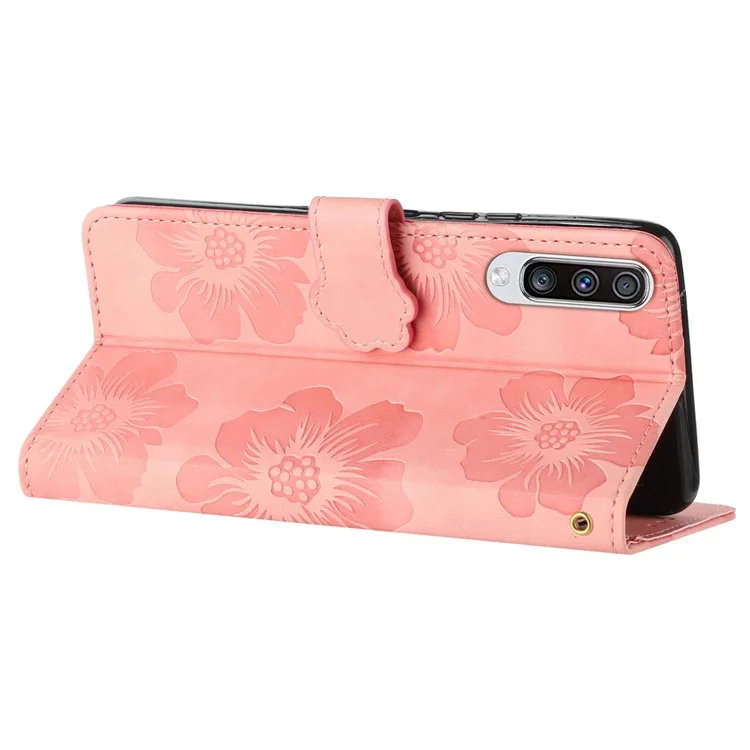 For Samsung Galaxy A50 / A50s / A30s Flowers Imprinted Leather Phone Cover Wallet Stand Case with Strap - Pink