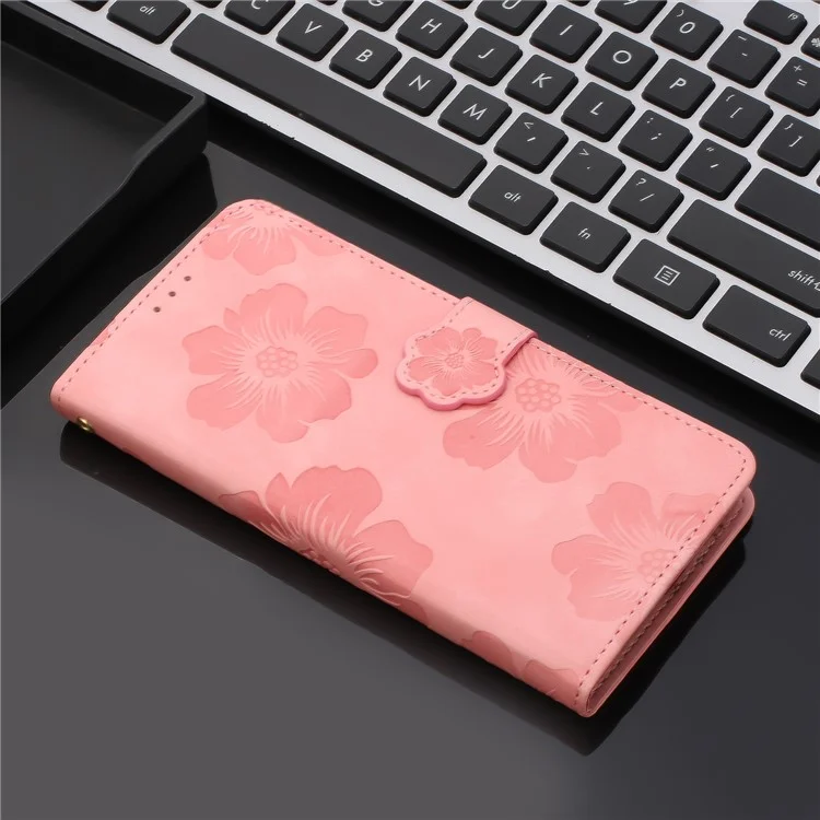 For Samsung Galaxy A50 / A50s / A30s Flowers Imprinted Leather Phone Cover Wallet Stand Case with Strap - Pink