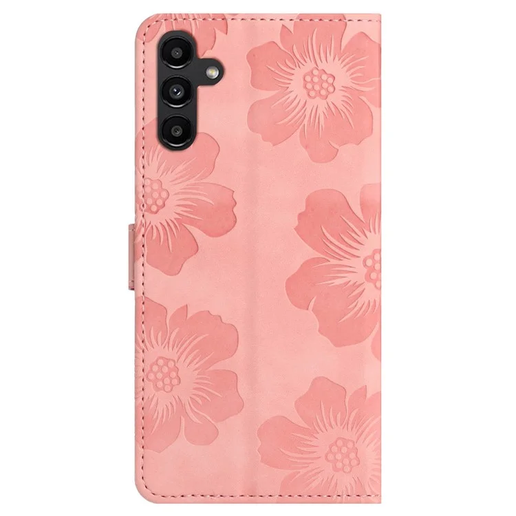 Flowers Imprinted Shell for Samsung Galaxy A13 5G Leather Phone Cover Wallet Stand Case with Strap - Pink