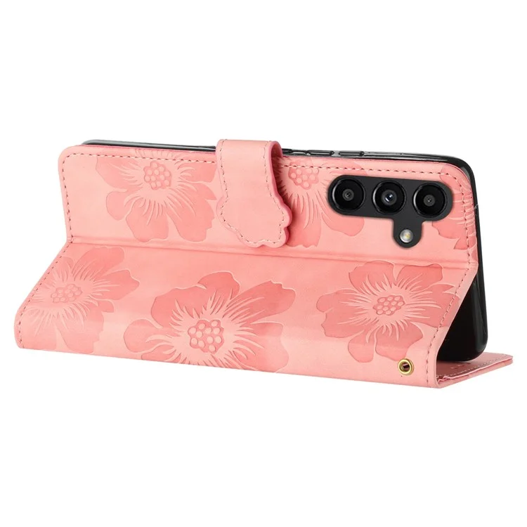 Flowers Imprinted Shell for Samsung Galaxy A13 5G Leather Phone Cover Wallet Stand Case with Strap - Pink