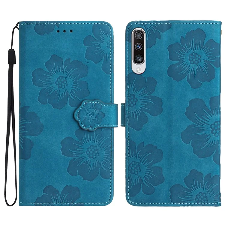 Für Samsung Galaxy A70 Blumen Eingeprägte Anti-fingerabdruck-ständer Lederhülle Brieftasche Telefonabdeckung - Blau