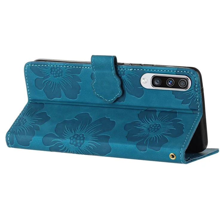 Для Samsung Galaxy A70 Flowers Imprinted Anti-fingerprint Stand Leather Case Wallet Phone Cover - Blue