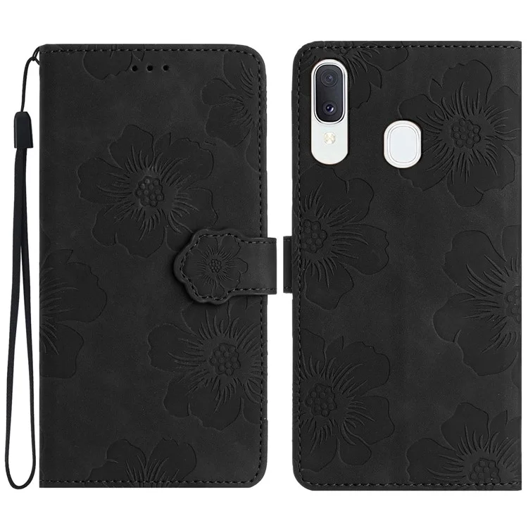 Capa à prova de choque para Samsung Galaxy A40 Flores Impressas Stand Carteira de Telefone Caso de Couro - Preto