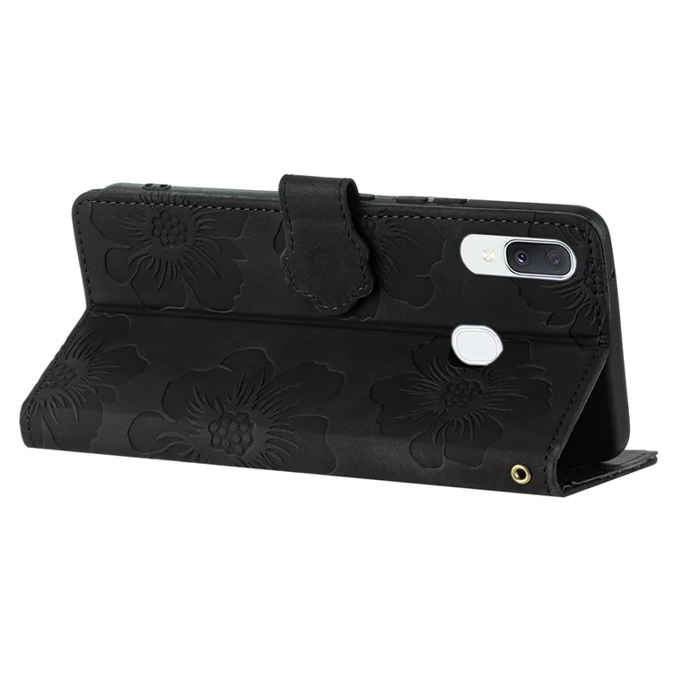 Capa à prova de choque para Samsung Galaxy A40 Flores Impressas Stand Carteira de Telefone Caso de Couro - Preto