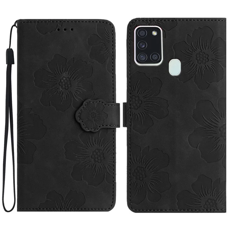 For Samsung Galaxy A21s Flowers Imprint Leather Wallet Case Folding Stand Phone Cover - Black