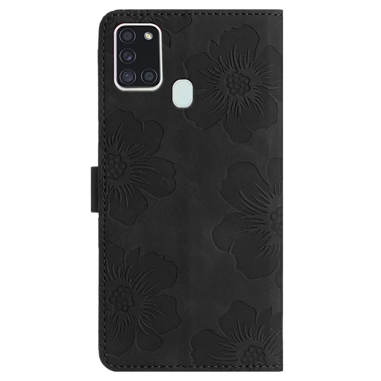 For Samsung Galaxy A21s Flowers Imprint Leather Wallet Case Folding Stand Phone Cover - Black