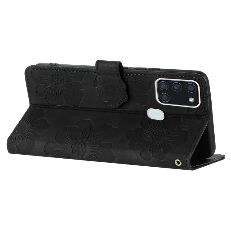 For Samsung Galaxy A21s Flowers Imprint Leather Wallet Case Folding Stand Phone Cover - Black