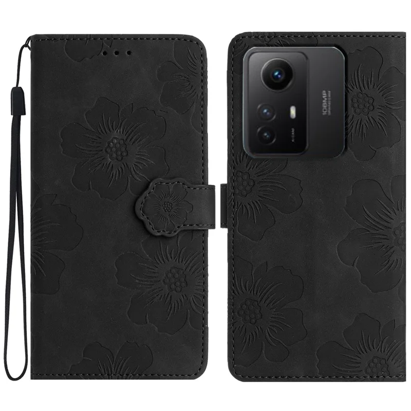 For Xiaomi Redmi Note 12S 4G Drop-proof Leather Phone Shell Flowers Imprinted Stand Wallet Case - Black